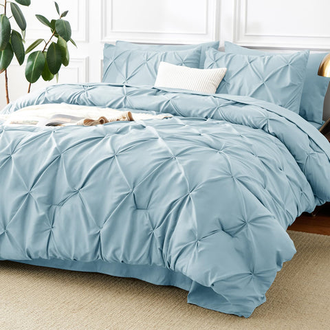 CozyLux full-size comforter front view showing neat pintuck and light-blue finish benefits tidy look