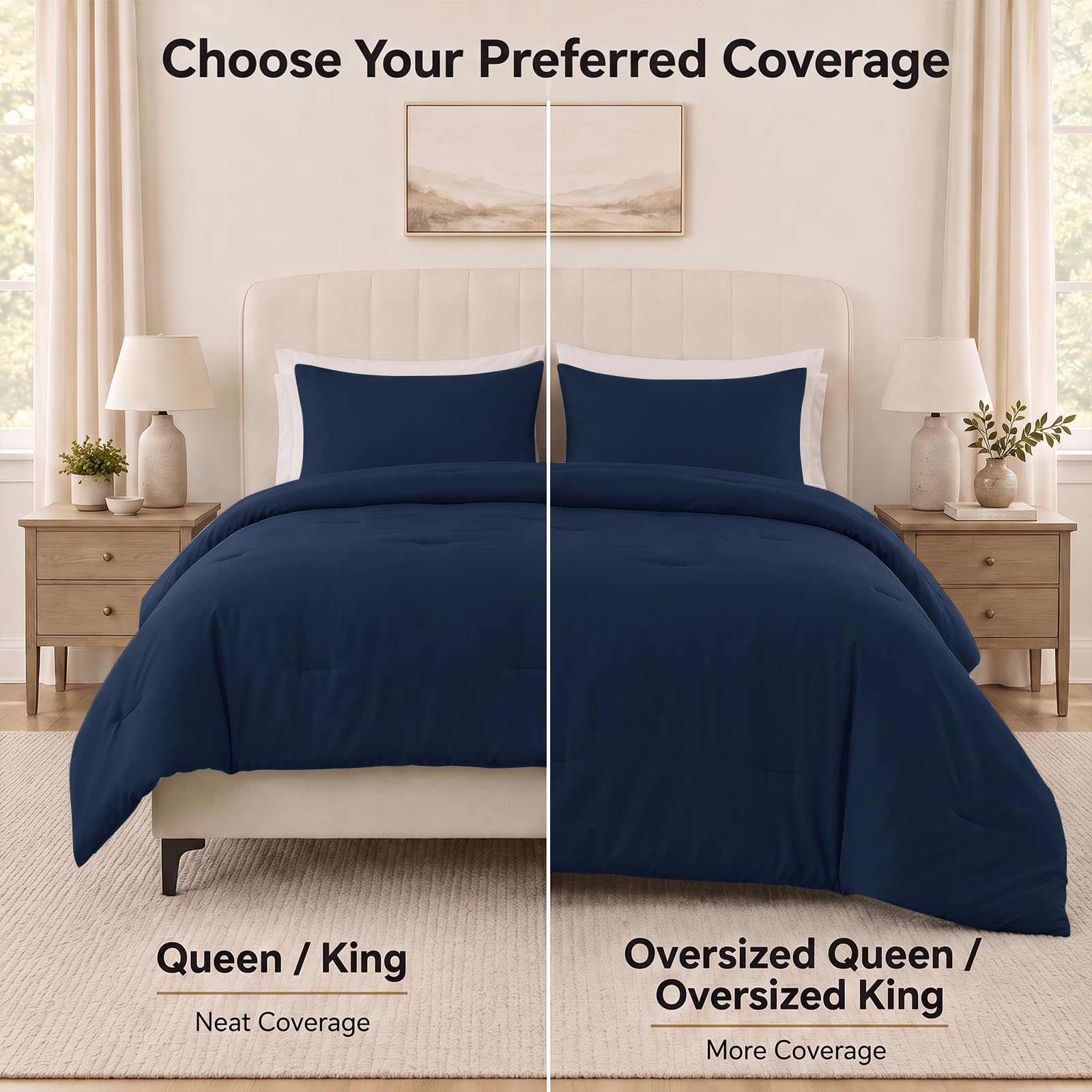 CozyLux navy comforter styled on a bedroom queen bed for modern appeal