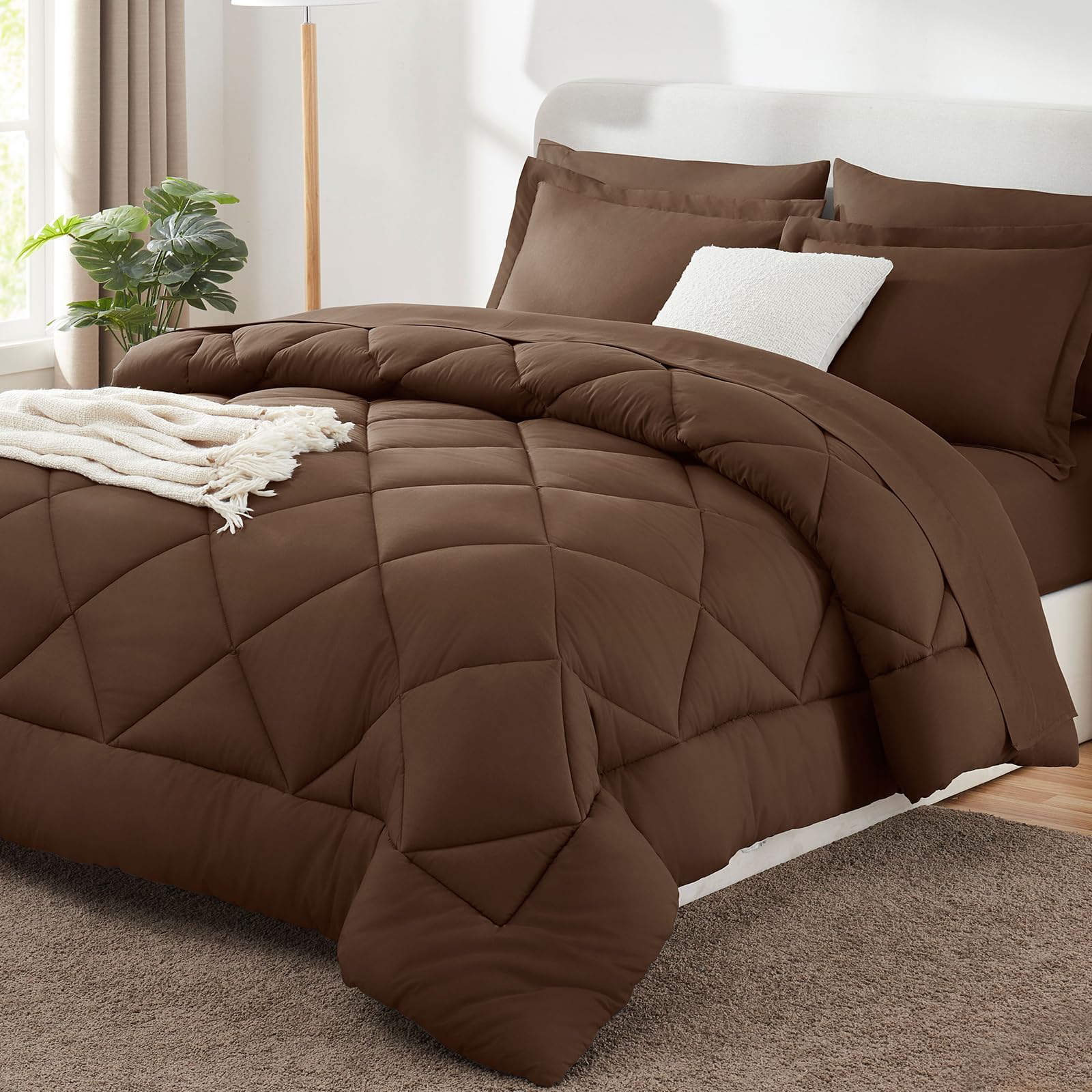 CozyLux front view of full king comforter showing brown color and neat drape for polished beds