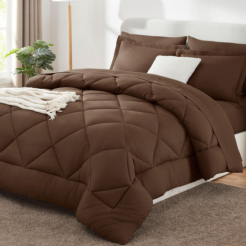 CozyLux front view of full king comforter showing brown color and neat drape for polished beds
