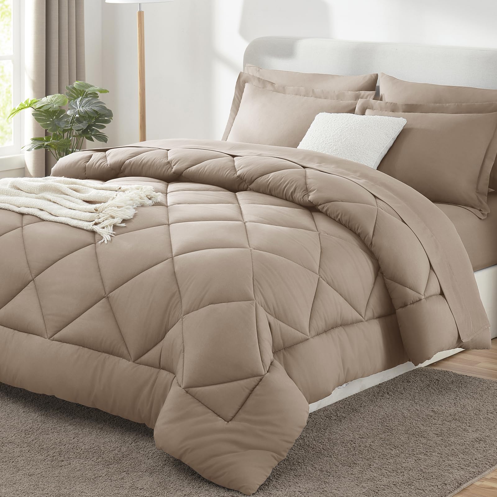 CozyLux front view of khaki king comforter showing full bed coverage benefit