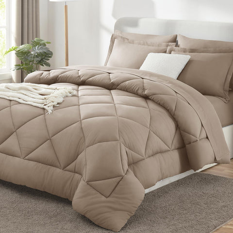 CozyLux front view of khaki king comforter showing full bed coverage benefit