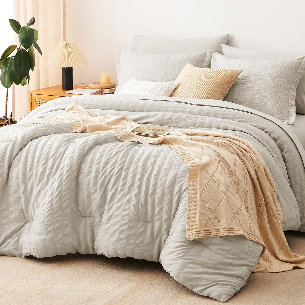 CozyLux king comforter front view showing beige seersucker and neat drape Benefit: stylish easy-care bedding