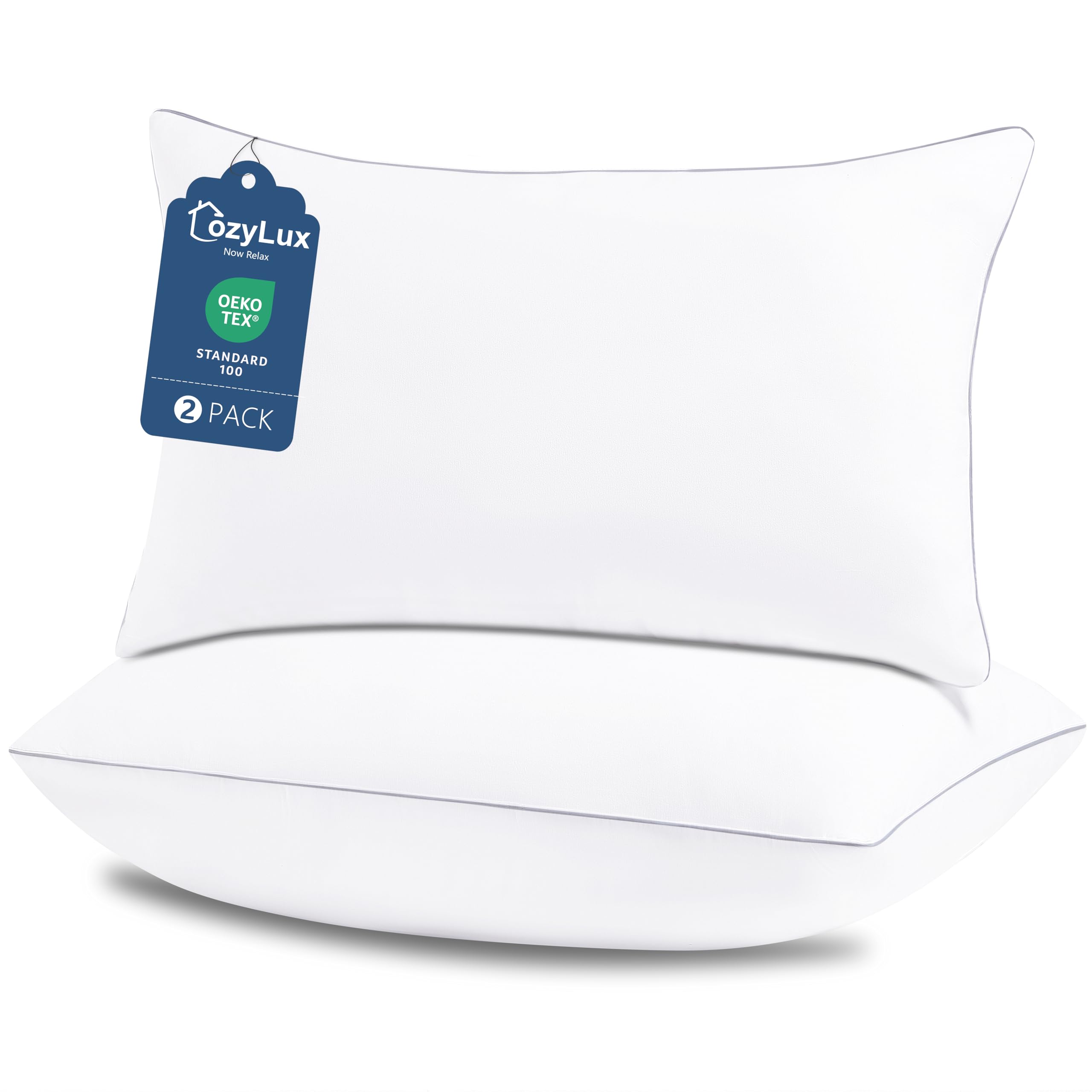 CozyLux king pillows front view showing clean white finish and satin piping benefit comfort
