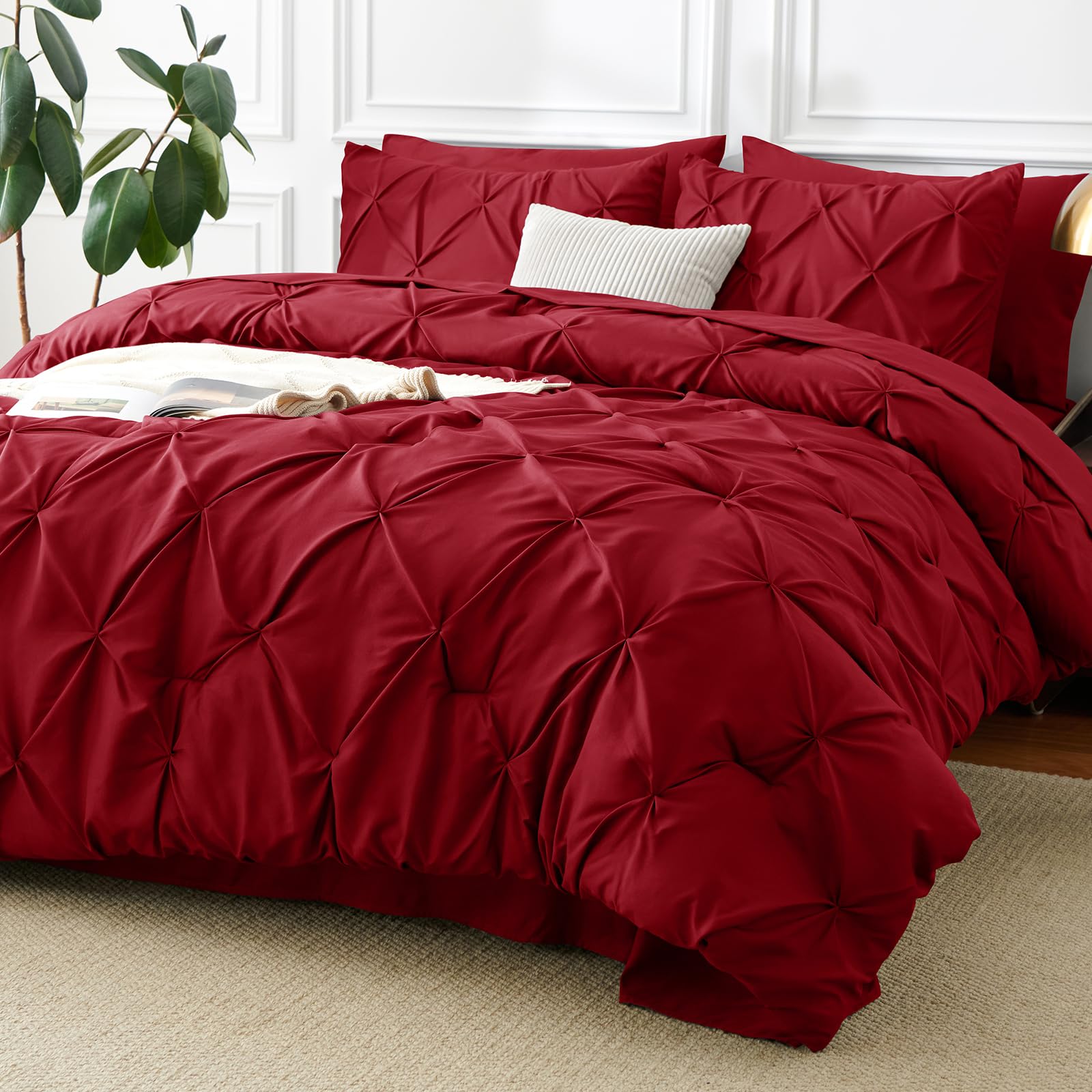 CozyLux king pintuck front view showing dark red comforter and full bed coverage