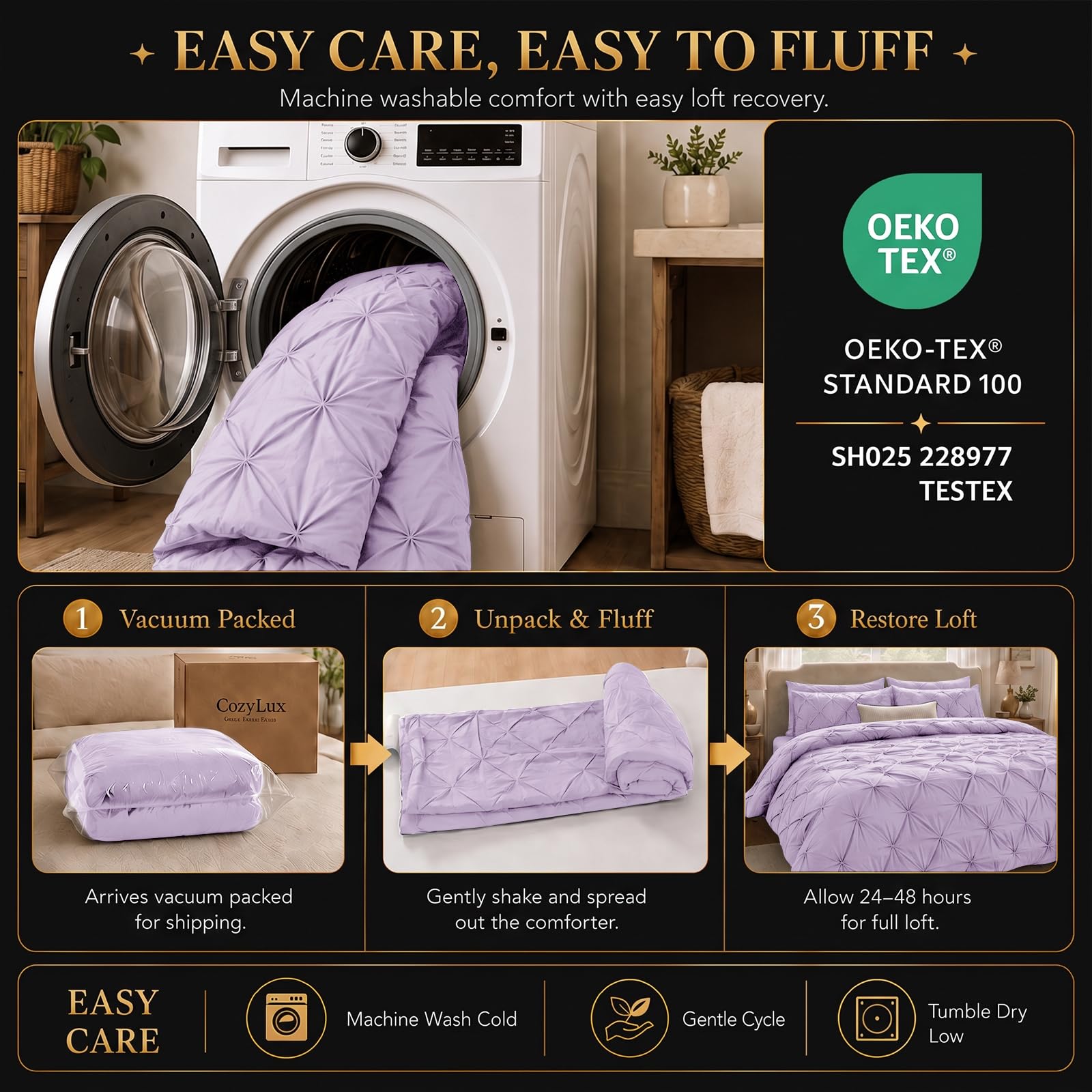 CozyLux styled lavender bedroom scene showing coordinated look and gift-ready appeal