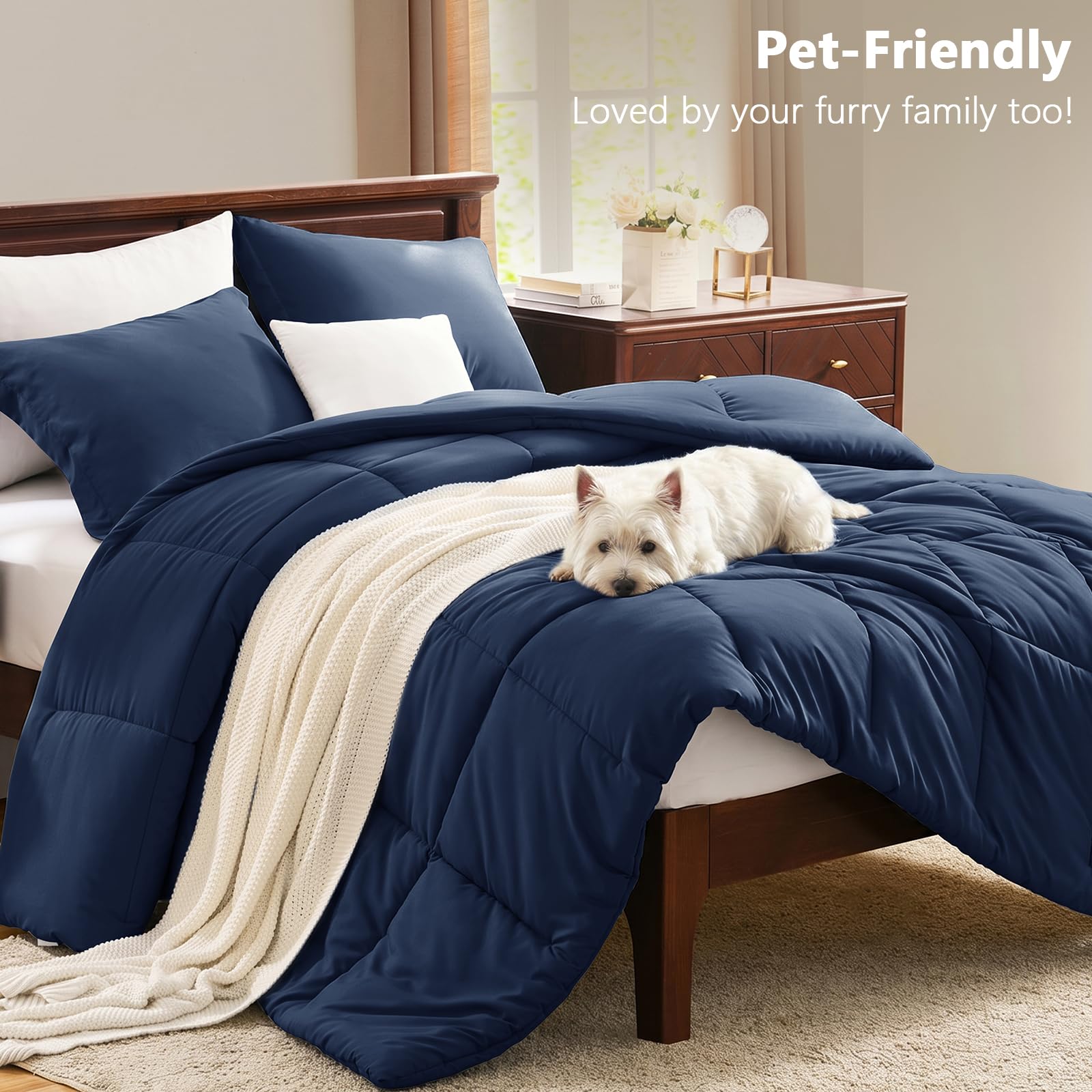 CozyLux navy comforter in a styled bedroom showing finished aesthetic and room-refresh benefit
