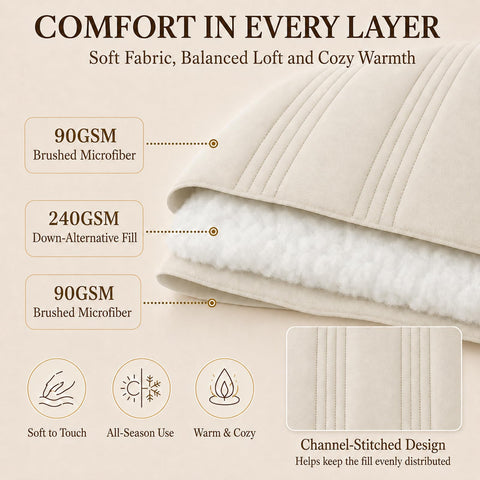 CozyLux microfiber and down-alternative fill closeup, showing plush texture and loft