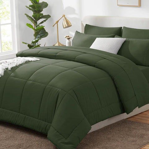 CozyLux comforter front view in olive green showing full bed coverage and cohesive style