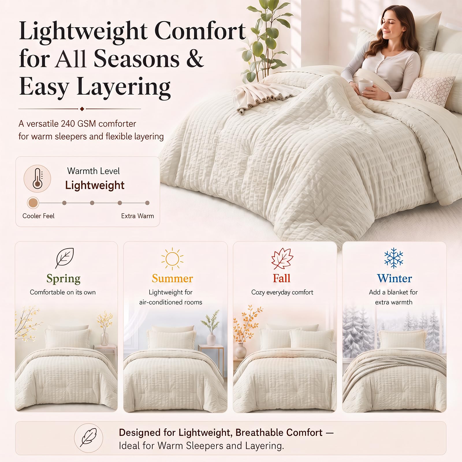 CozyLux vacuum-compressed packaging beside fluffed comforter after unpacking Benefit: ships compact, regains loft