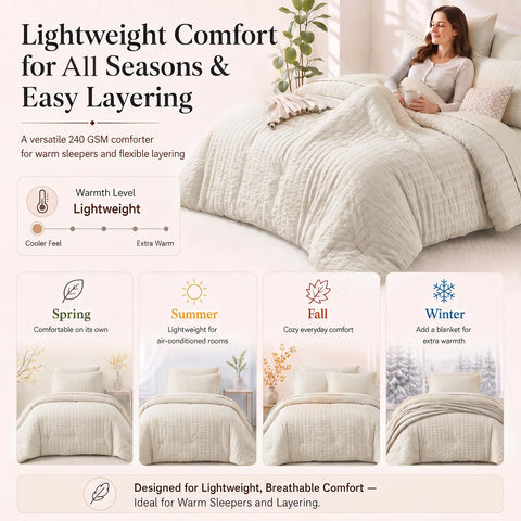 CozyLux vacuum-compressed packaging beside fluffed comforter after unpacking Benefit: ships compact, regains loft