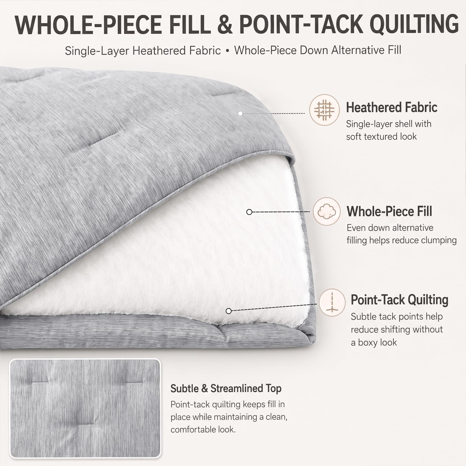 CozyLux view of point-tack quilting detail that keeps fill evenly distributed benefit