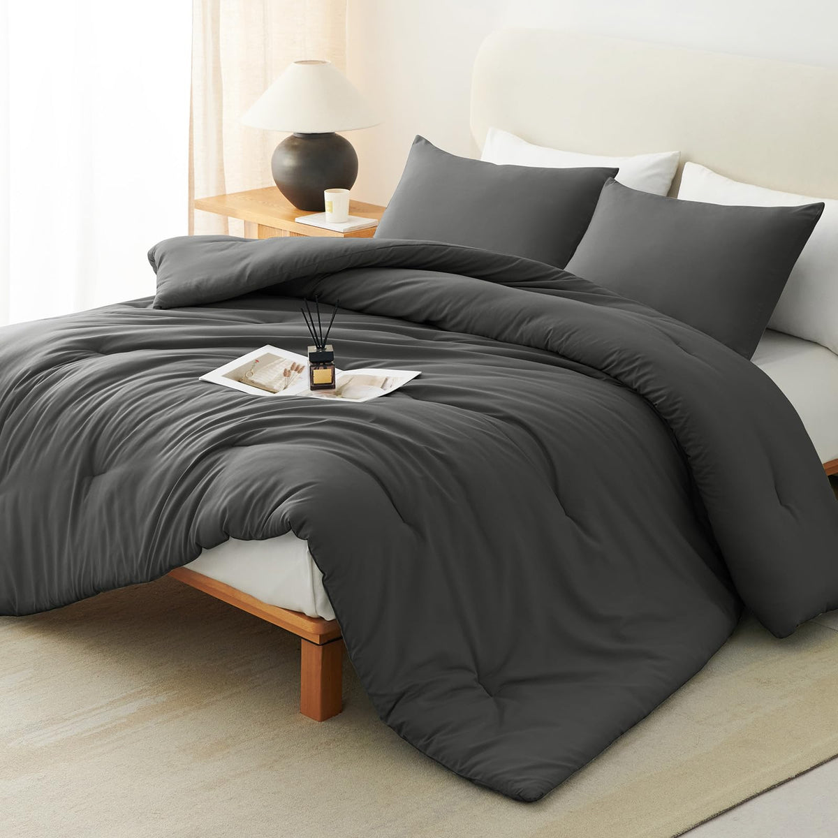 CozyLux comforter front view showing neat drape and modern dark grey color