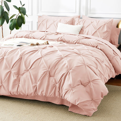 CozyLux front view of peach pink queen comforter showing full bed styling and neat drape