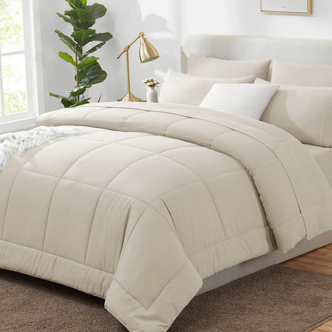 CozyLux queen comforter front view showing neutral beige and polished bed styling benefit