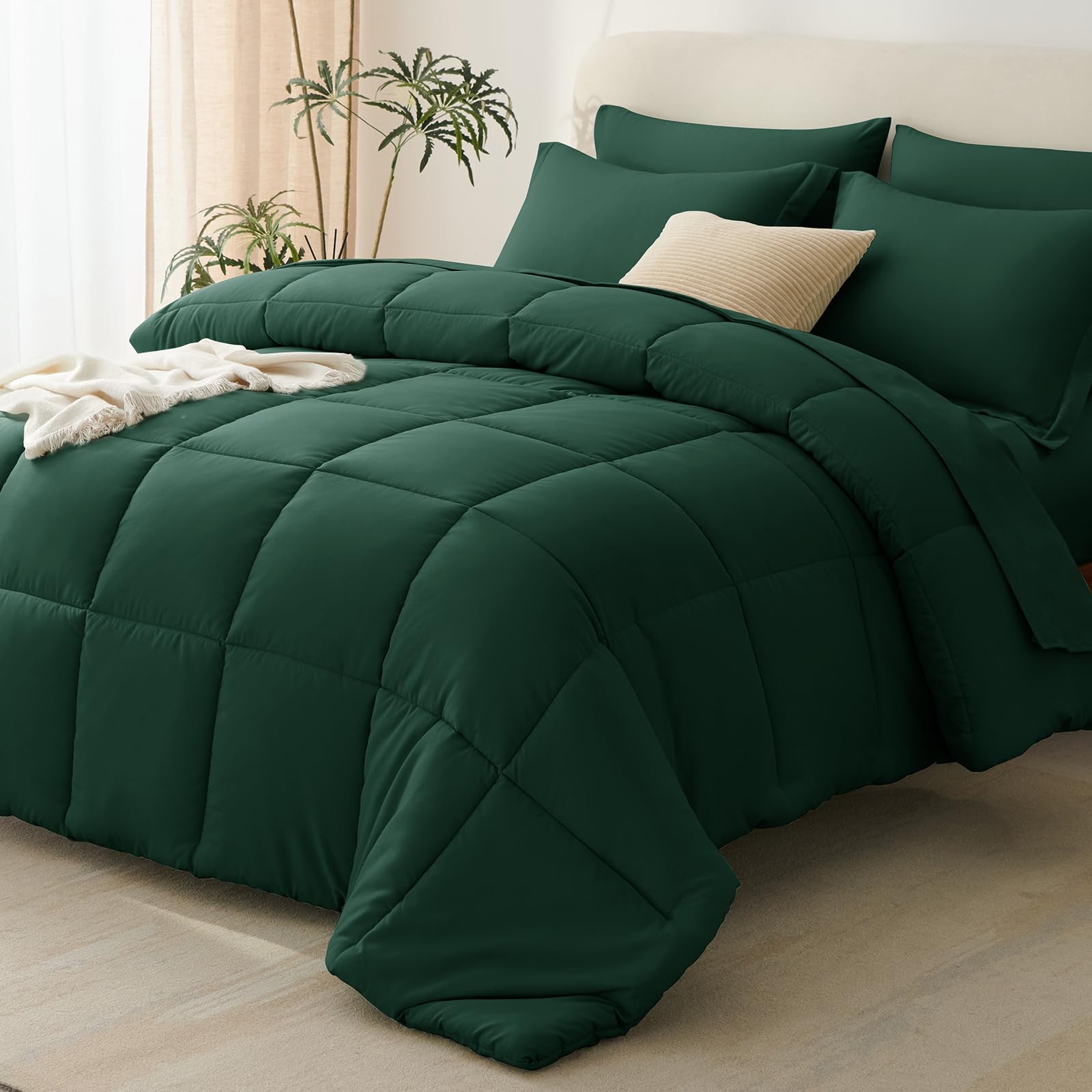 CozyLux queen comforter front view showing emerald color and neat drape for stylish bedroom