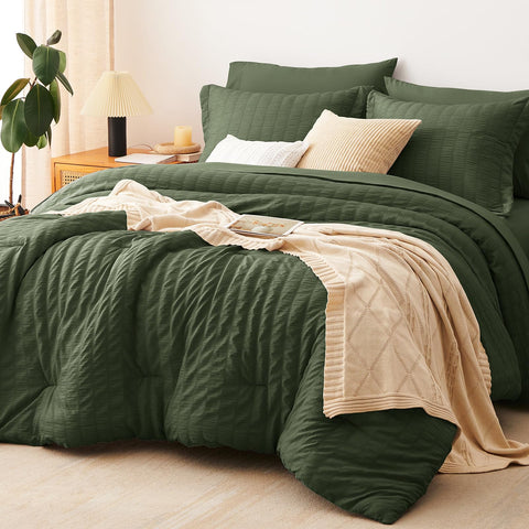 CozyLux front view of olive queen seersucker set shows neat styling and calm color