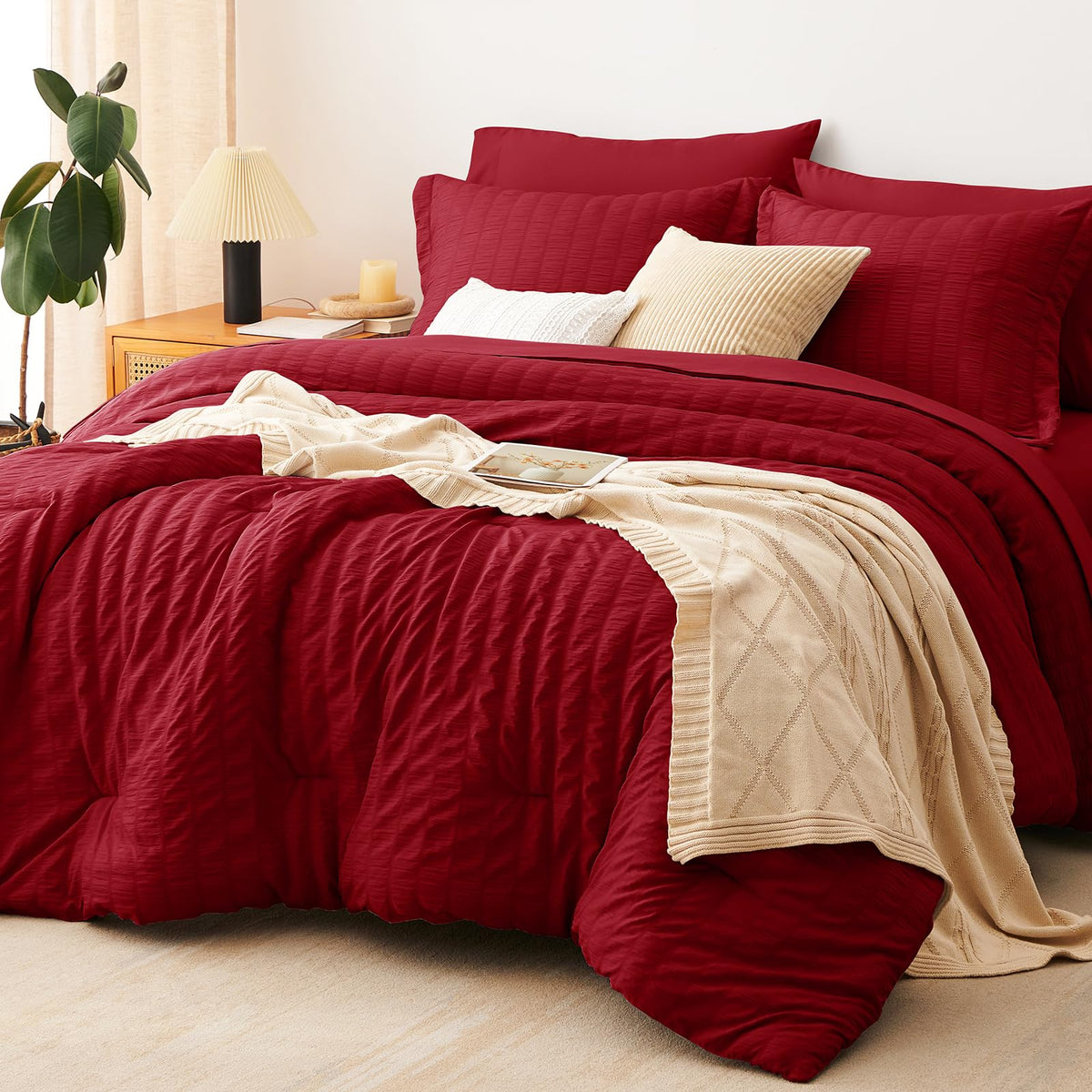CozyLux queen seersucker front showing dark red texture and stylish depth benefits