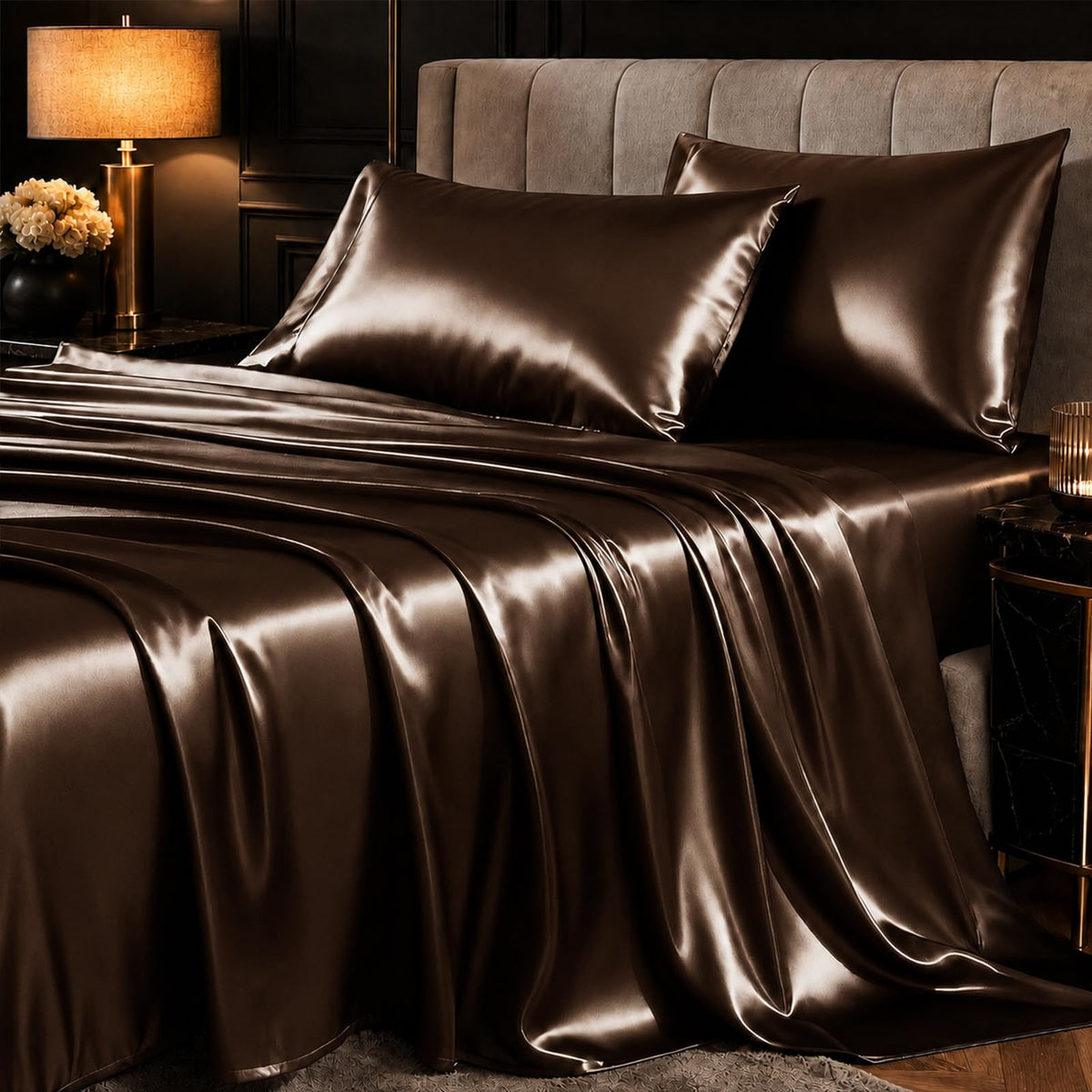 CozyLux queen satin sheet flat pack showing set and color options for easy selection