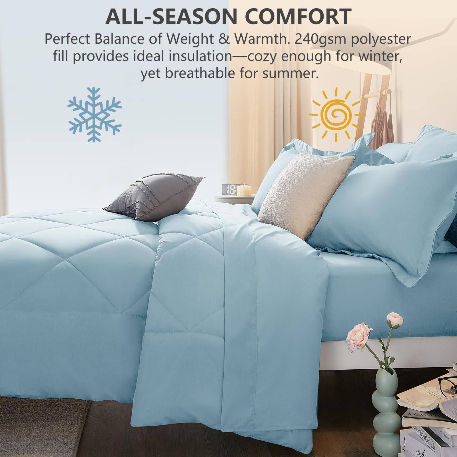 CozyLux comforter on queen bed showing scale and generous side drape