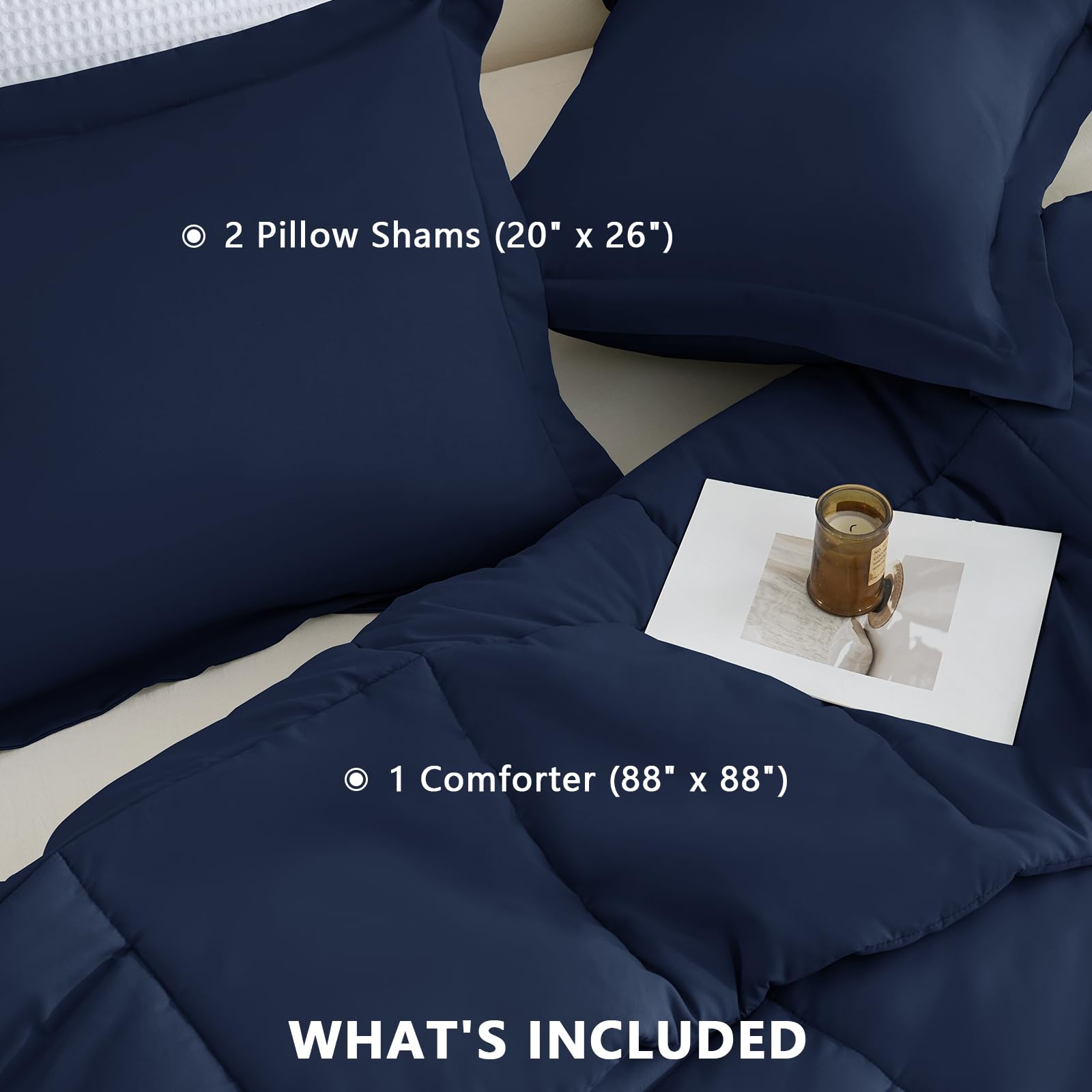 CozyLux comforter on queen bed with ruler showing 88 x 88 in scale and coverage benefit