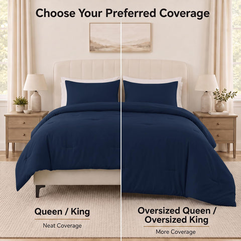 CozyLux comforter beside ruler and pillows indicating true size and fit