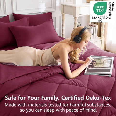 CozyLux pillow and sheet detail showing matching burgundy fabric and neat flange edges