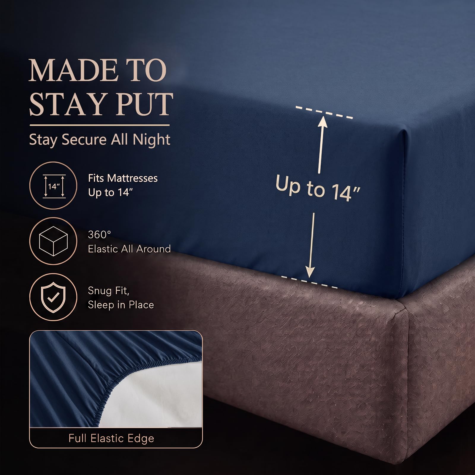 CozyLux fitted sheet pocket detail showing 14" deep pocket and secure fit
