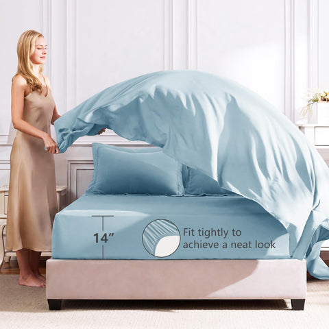 CozyLux fitted sheet pocket displays 14 inch depth and snug fit
