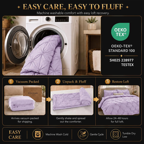 CozyLux comforter on mattress showing 14-inch drape and full-size coverage