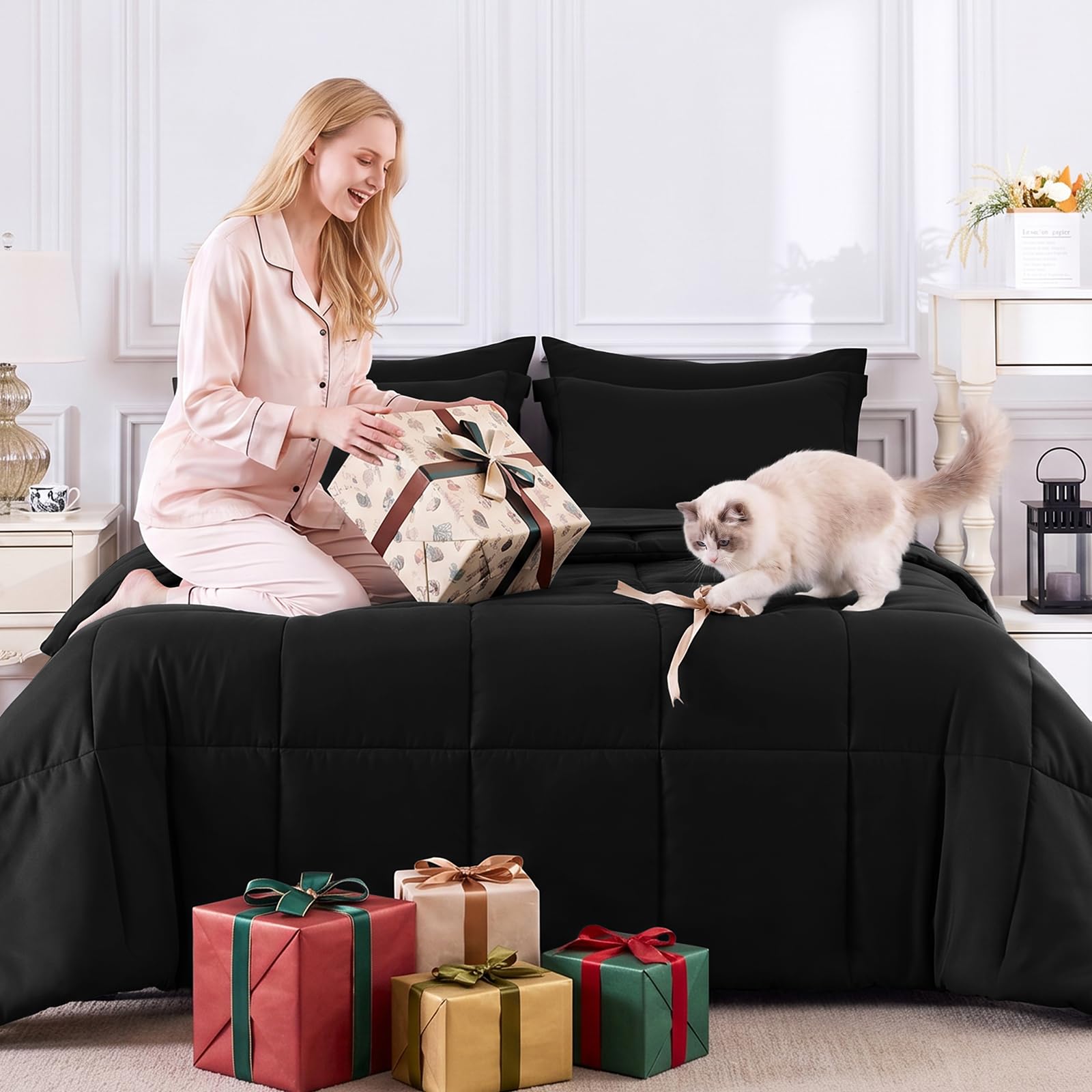 CozyLux comforter on queen bed with ruler showing accurate size and full drape