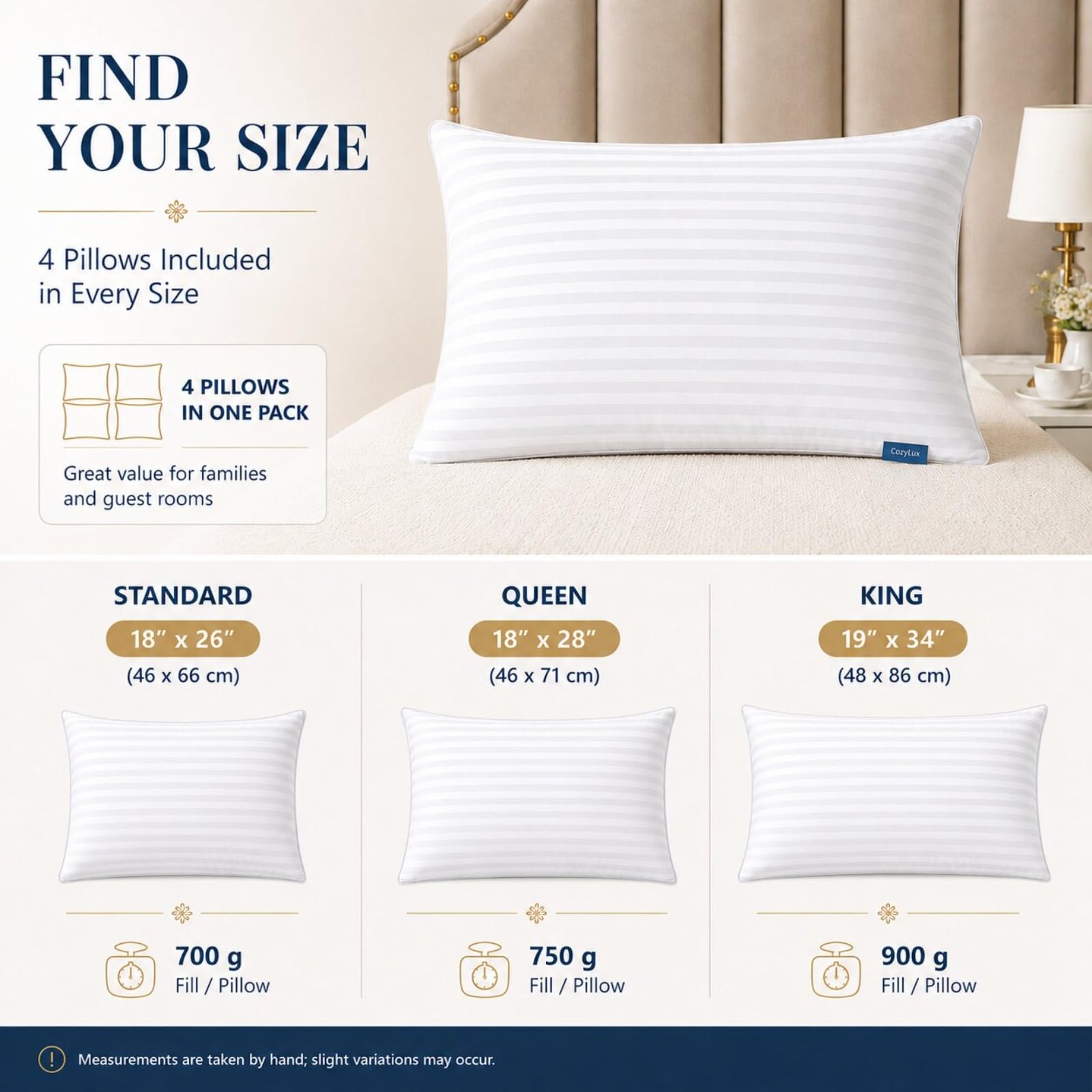 CozyLux pillow next to ruler for standard 18x26 inch size comparison and fit guidance