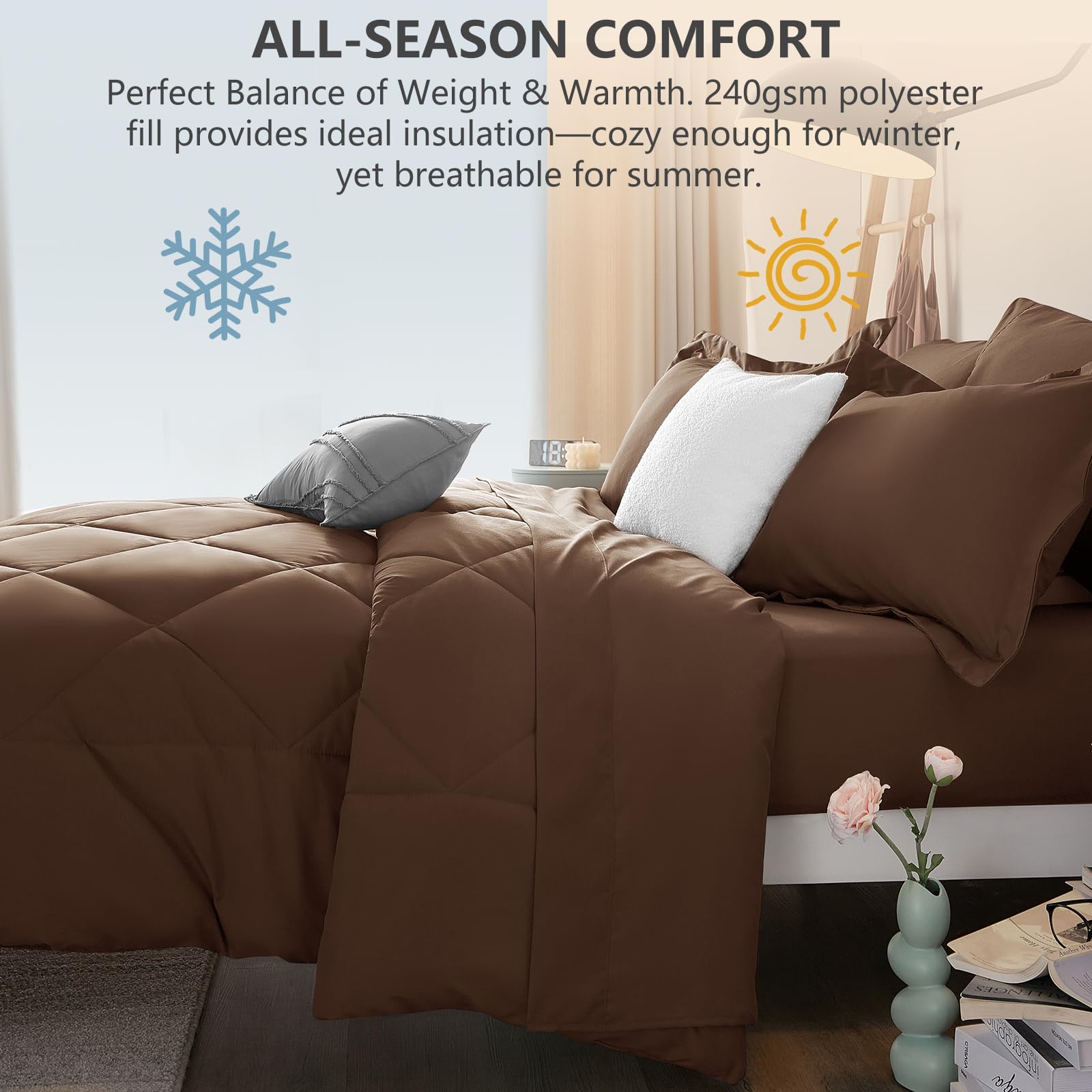 CozyLux comforter on mattress showing scale and 12-inch drape for standard king coverage