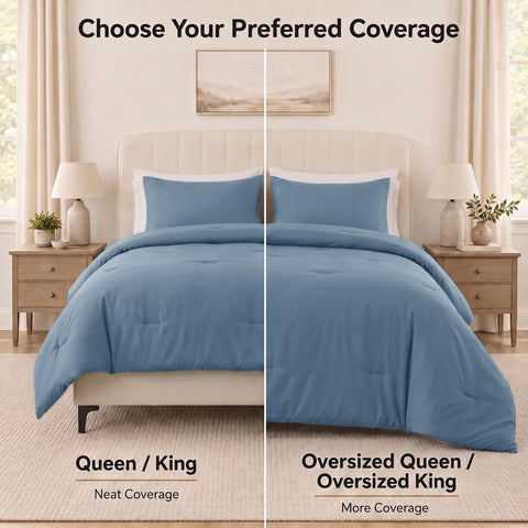CozyLux size comparison on bed showing queen coverage and side drape