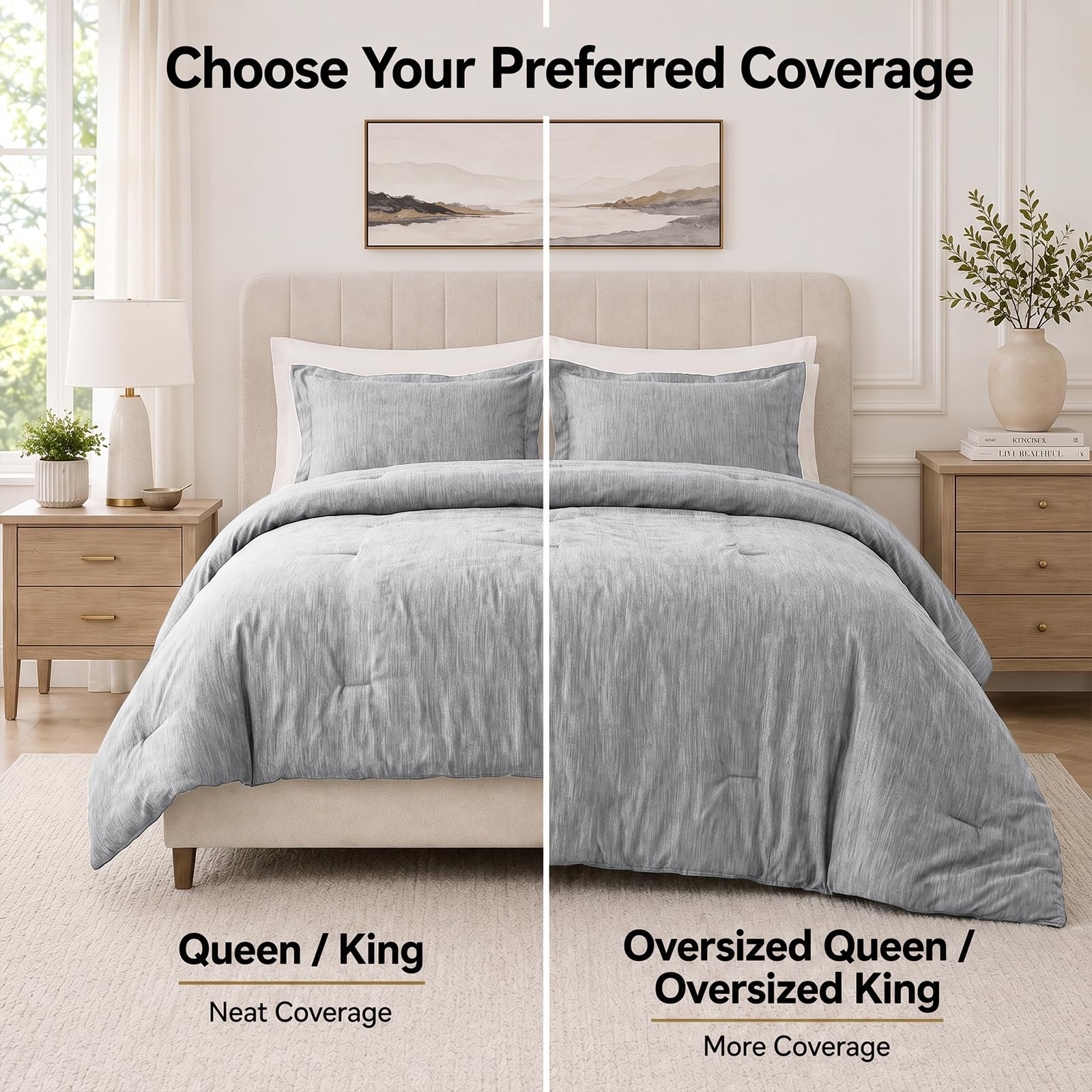 CozyLux comforter on queen bed demonstrates generous overhang and fit