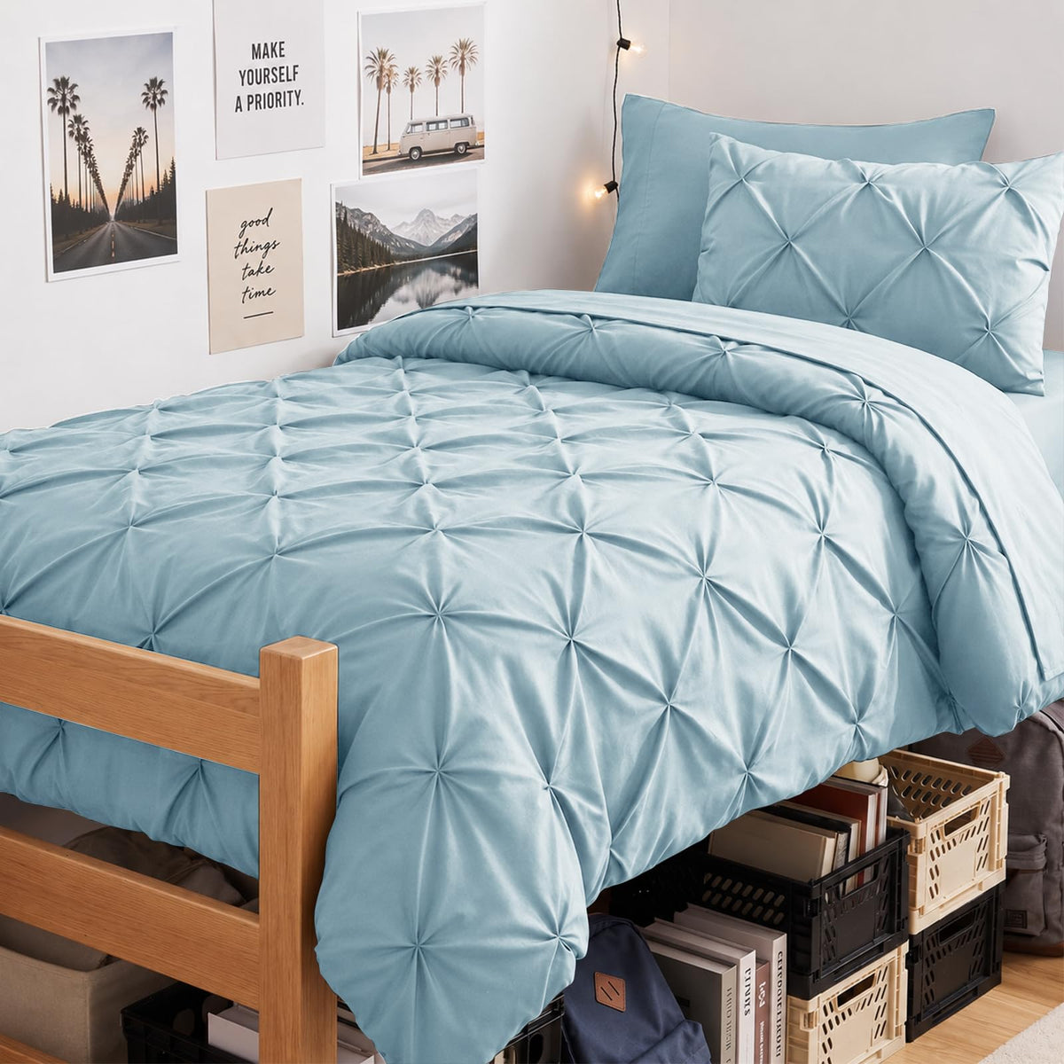 CozyLux twin xl front view showing light blue pintuck comforter and neat drape