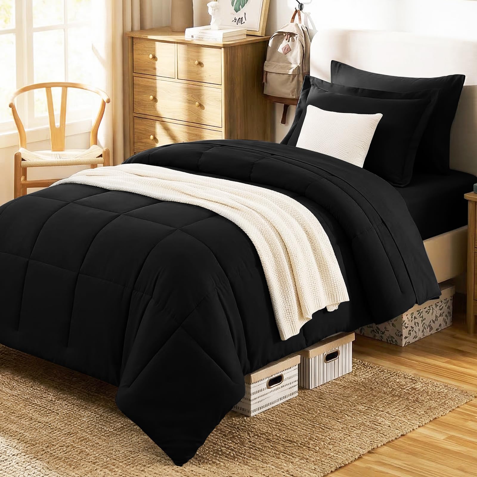CozyLux front view of Twin XL black comforter set showing tidy made bed and neat fit