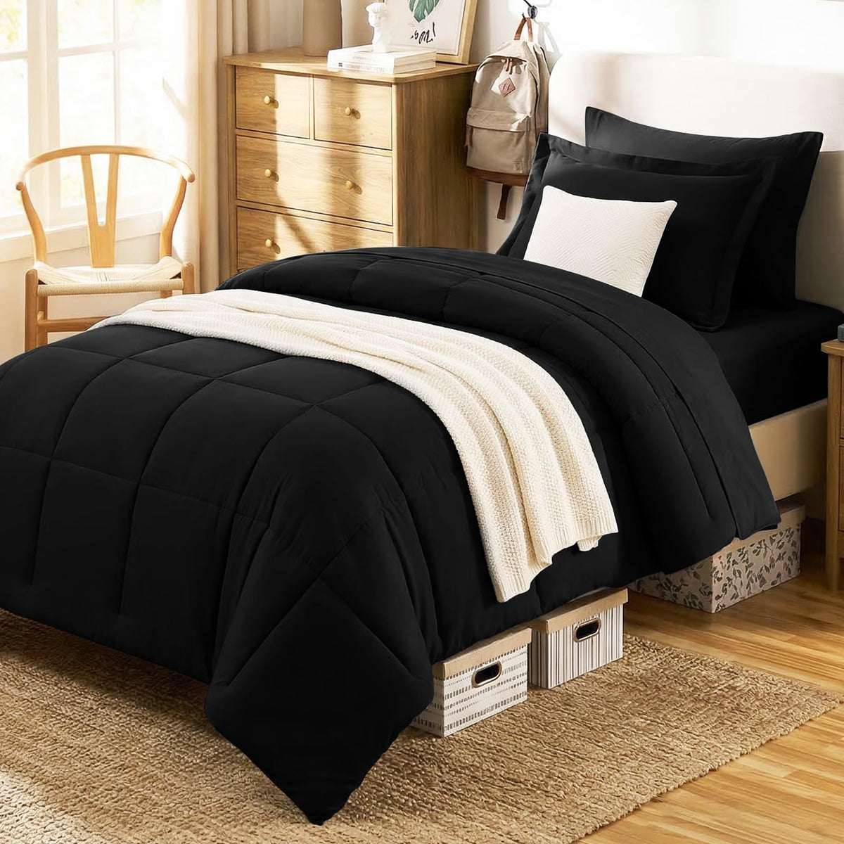 CozyLux front view of Twin XL black comforter set showing tidy made bed and neat fit