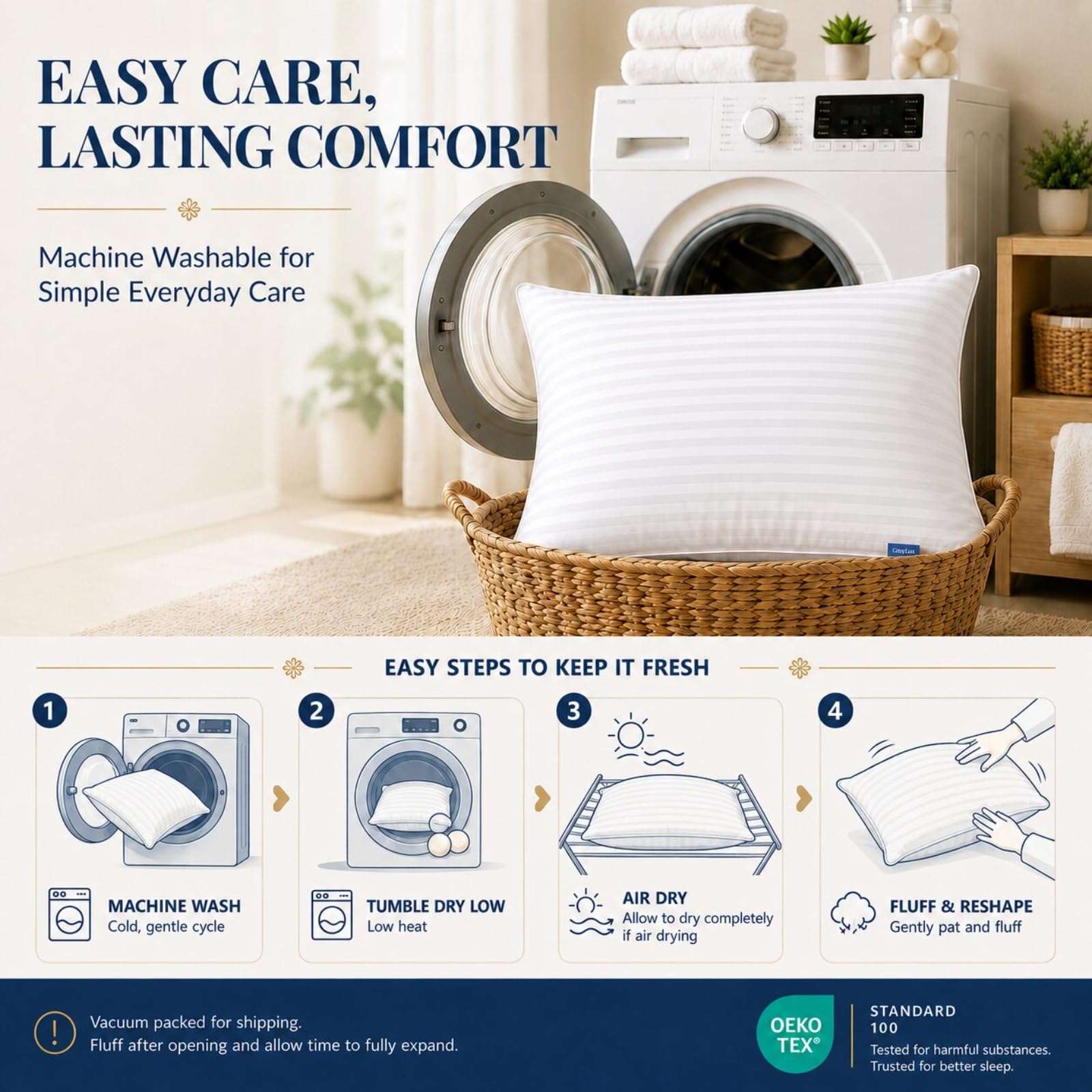 CozyLux vacuum-sealed bundle illustrating compact delivery and hygienic packaging benefit