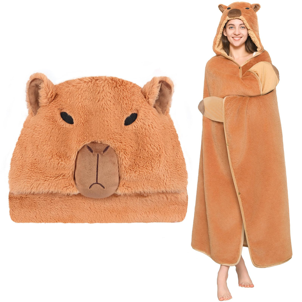 CozziPals front view of capybara hoodie showing playful design and coverage