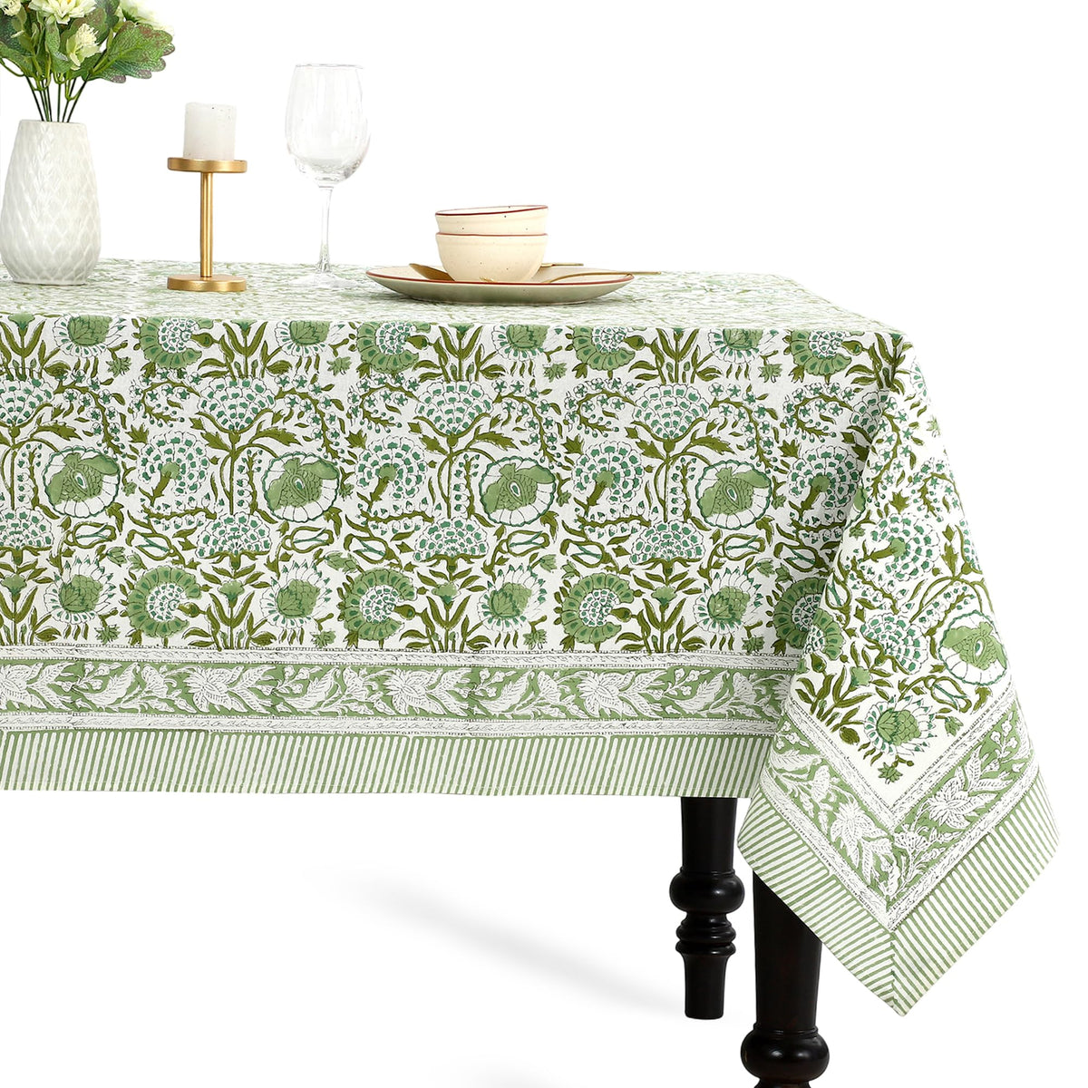 CPC COTTON PRINT CLUB front view showing agate green square tablecloth packaging and design benefit