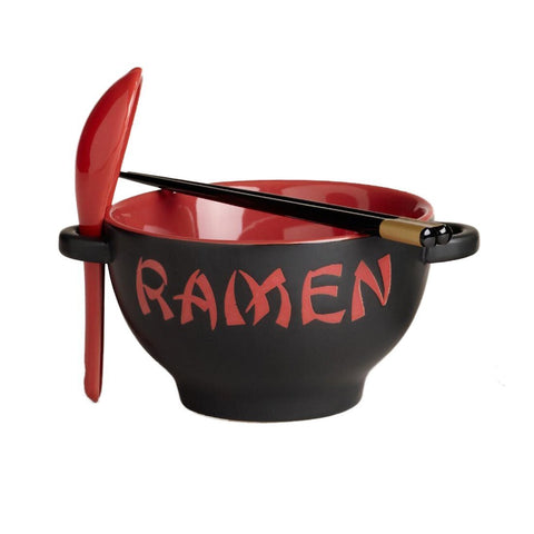 CPWM red dragon ramen bowl set front view showing bowl spoon and chopsticks, vibrant presentation benefit