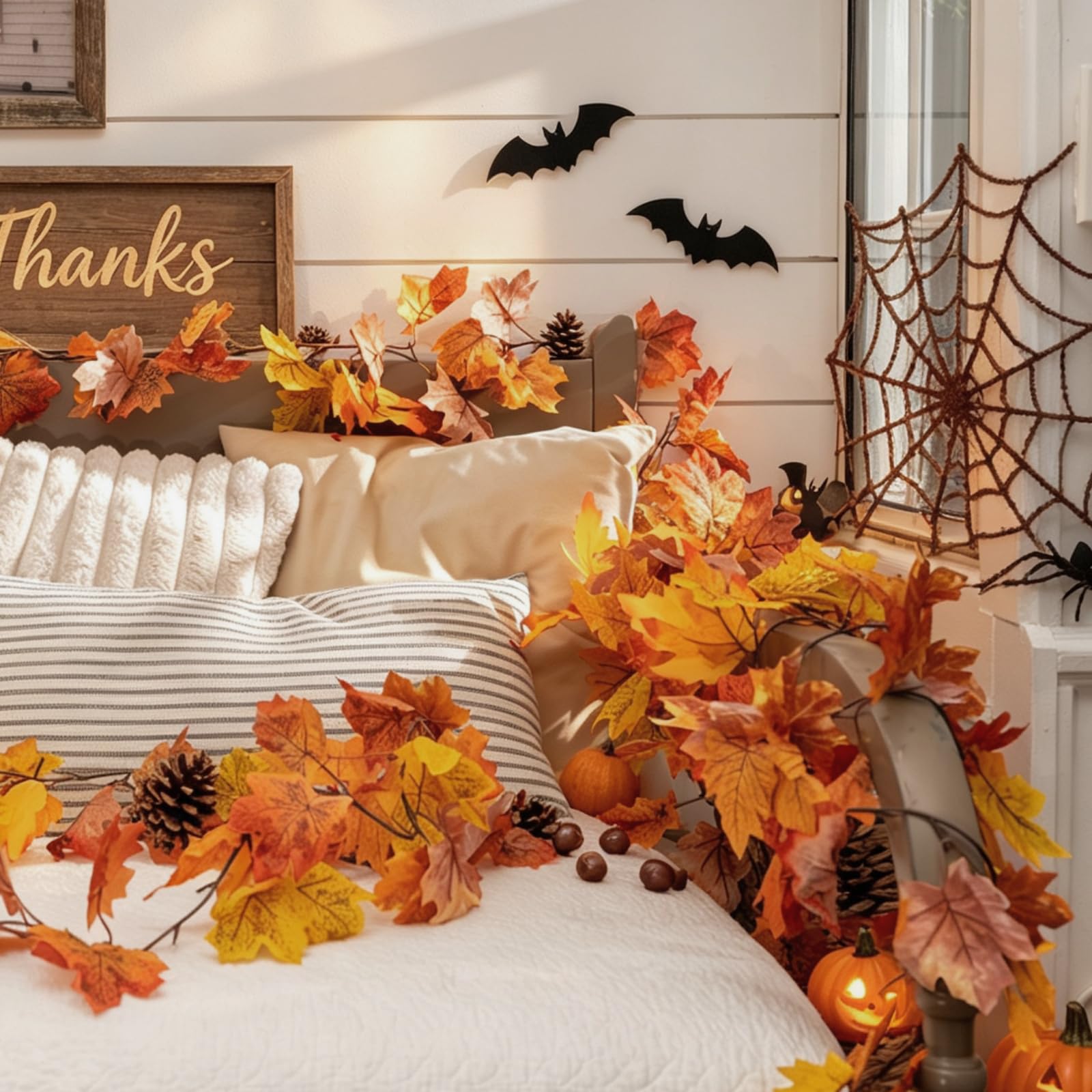 CQURE garland draped over a mantel adding warm autumn atmosphere
