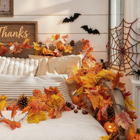 CQURE garland draped over a mantel adding warm autumn atmosphere