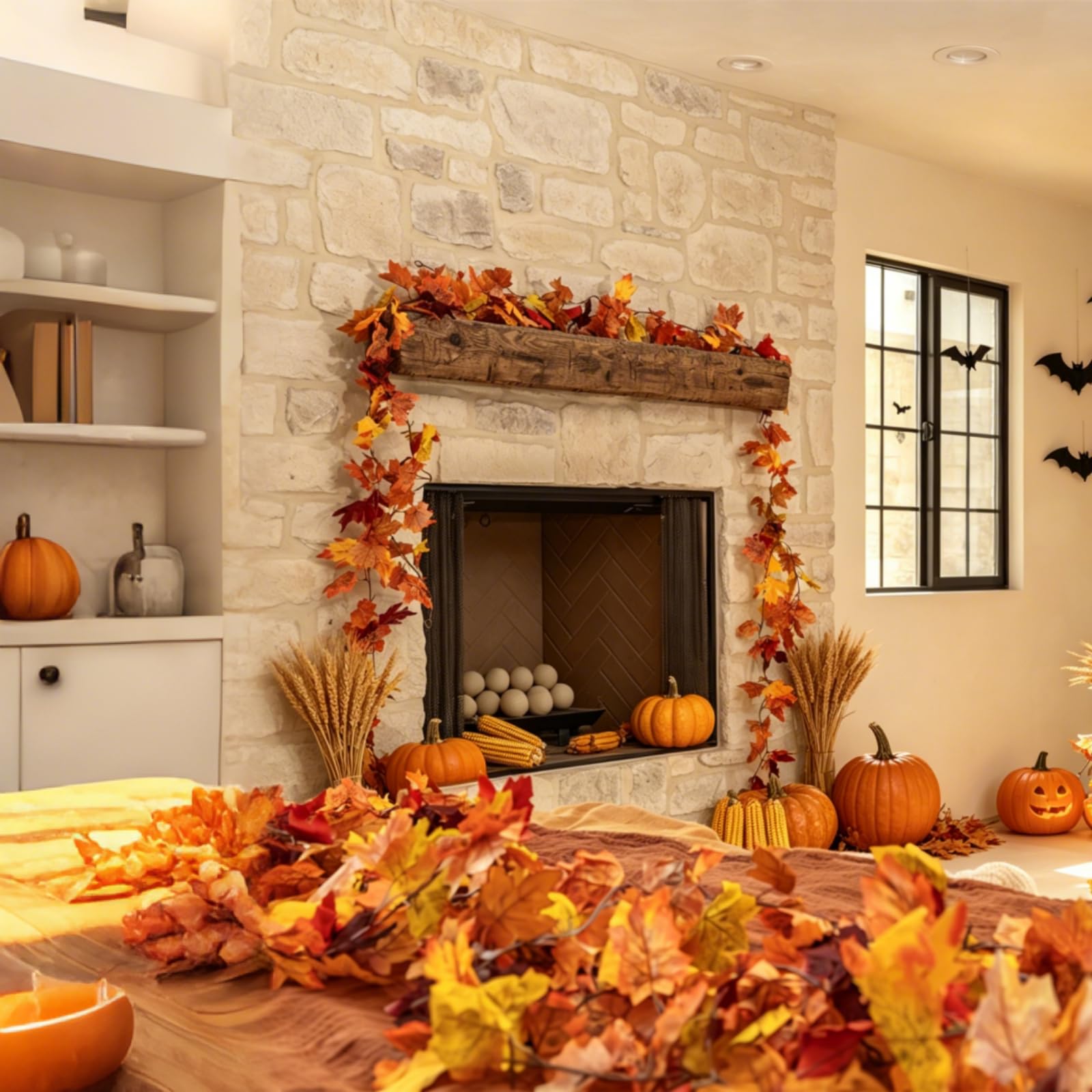 CQURE garlands draped on fireplace mantel creating cozy autumn atmosphere