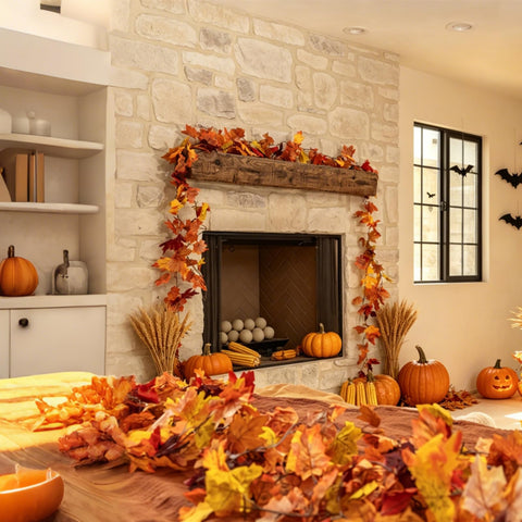 CQURE garlands draped on fireplace mantel creating cozy autumn atmosphere
