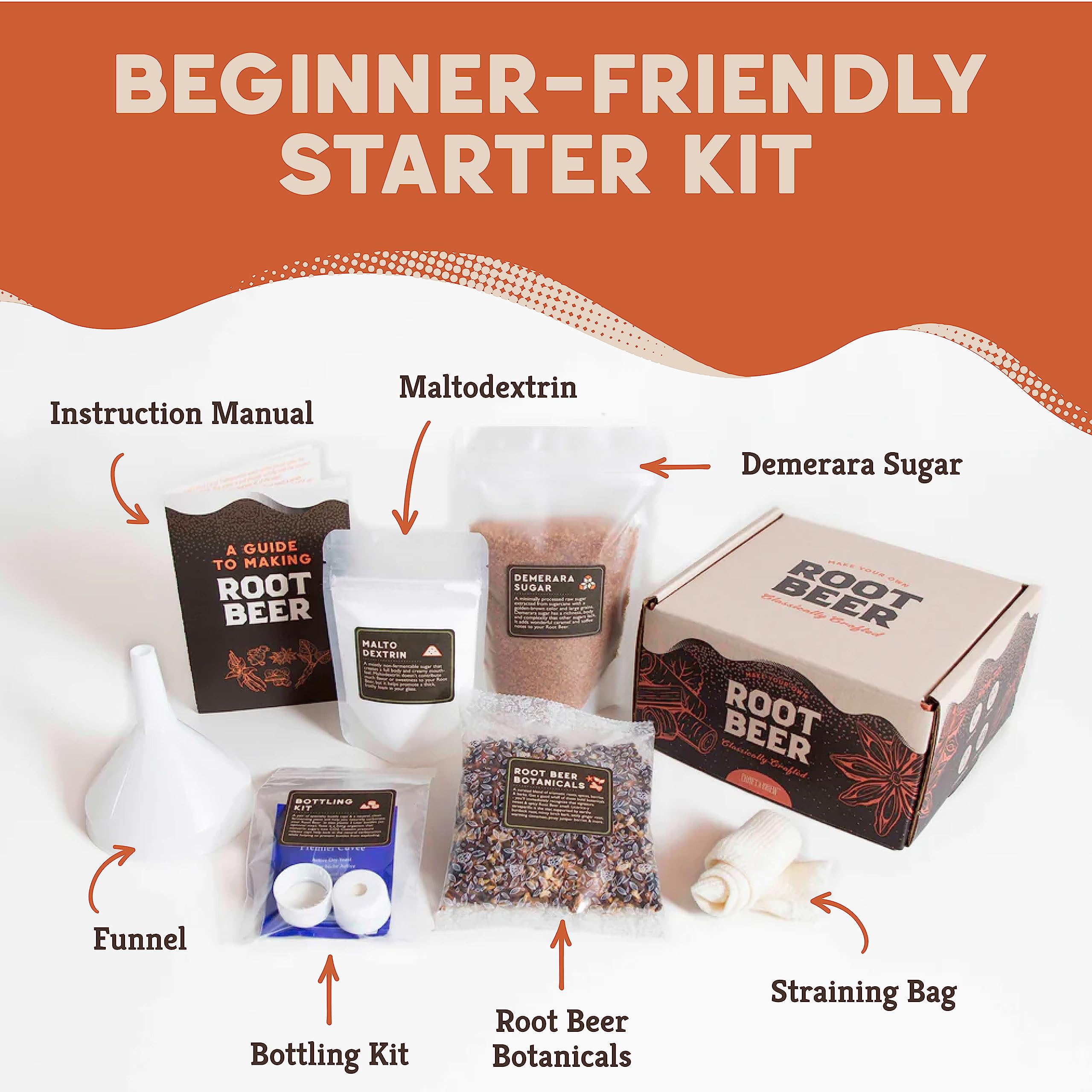 Craft A Brew layout with funnel, steeping bag and caps for easy brewing