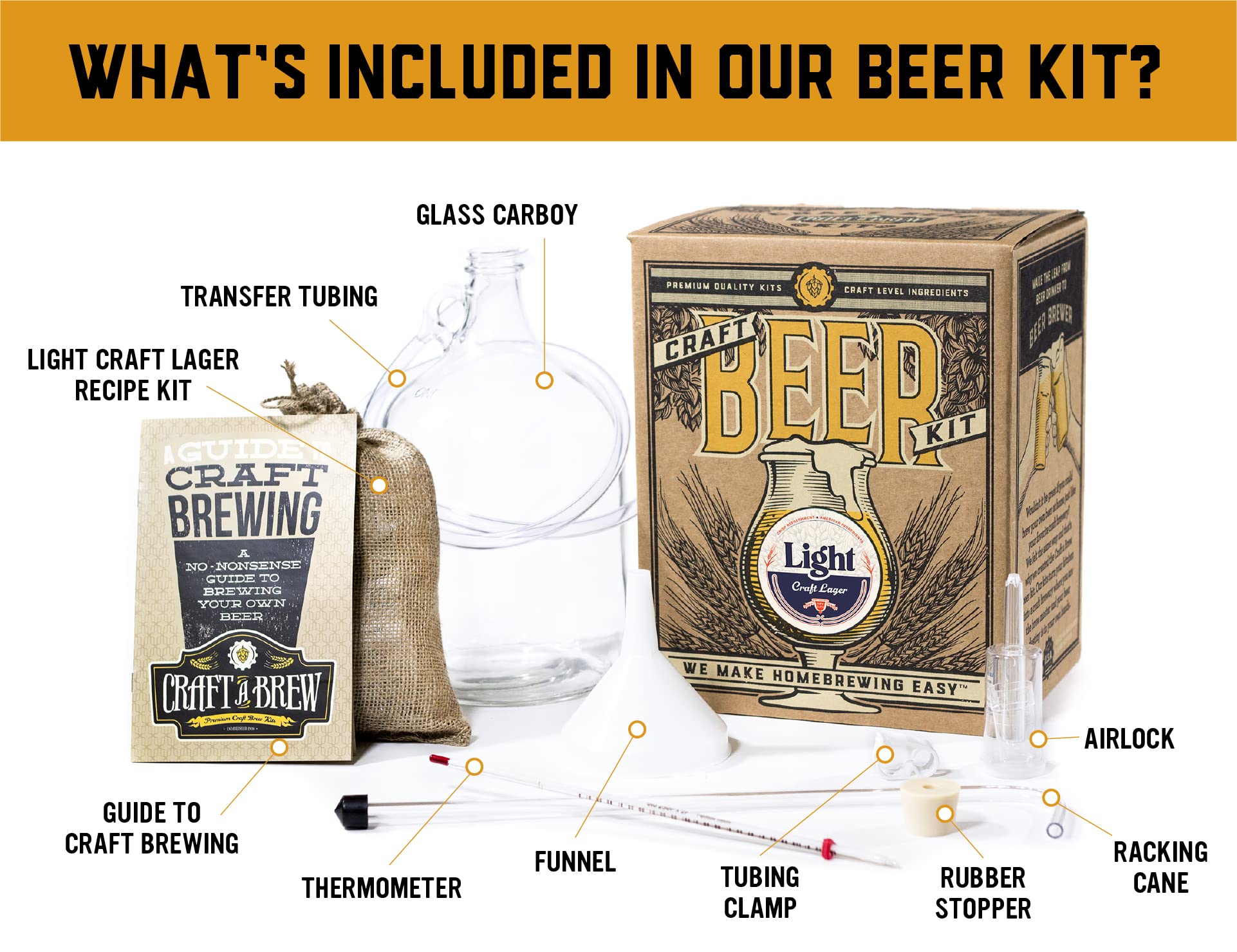 Craft A Brew equipment layout displaying included tools for easy brewing