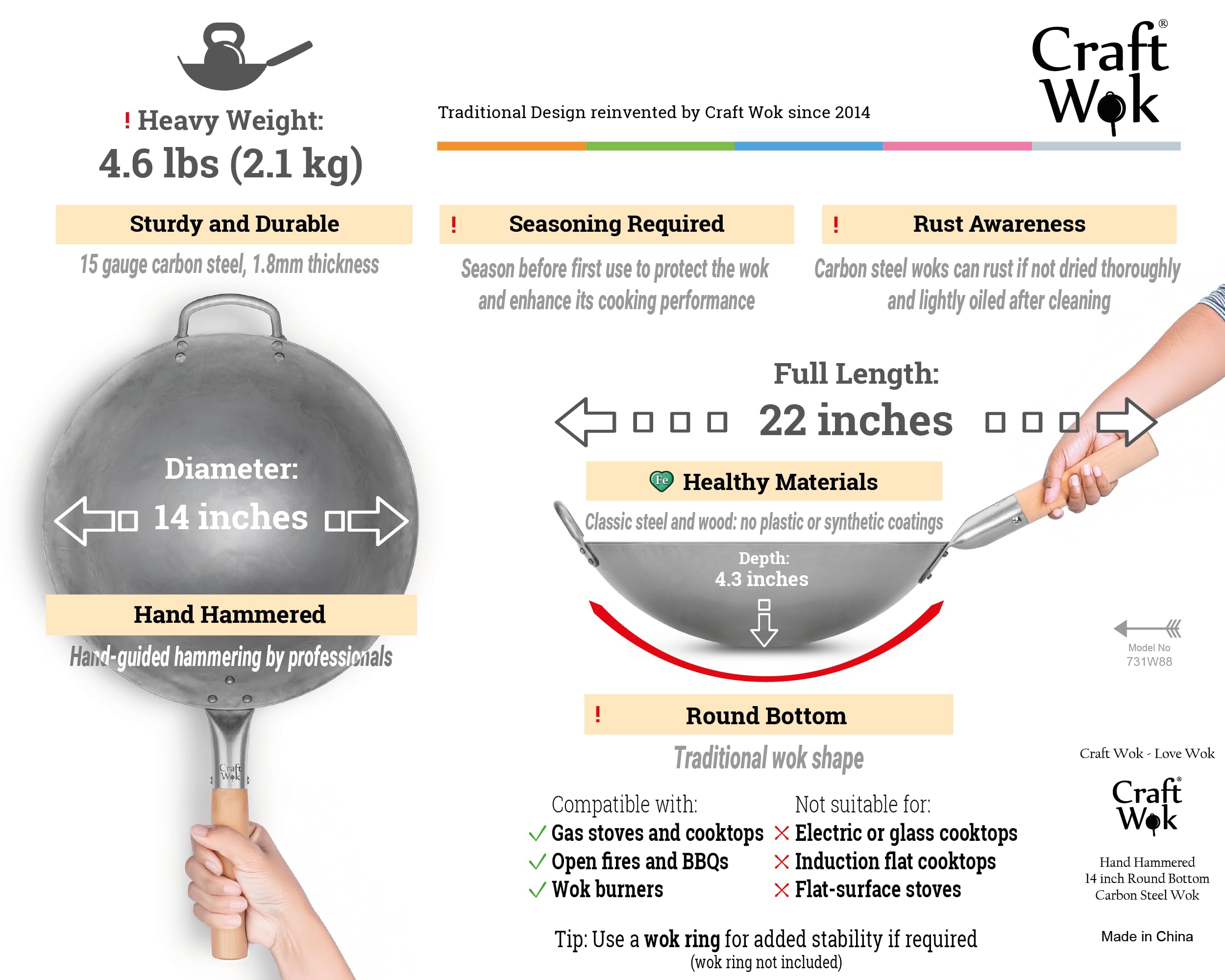 Craft Wok wooden handle detail providing secure non-slip grip benefit