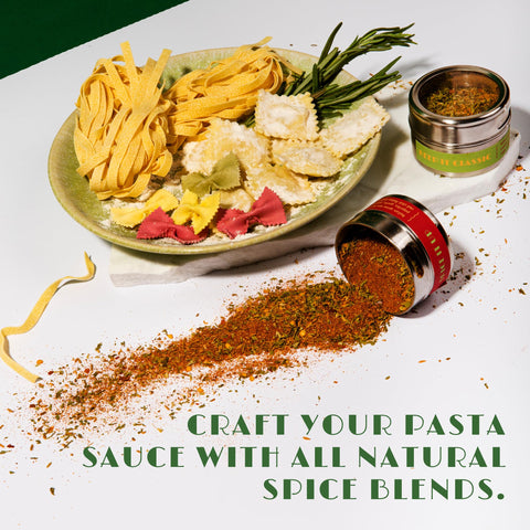 Craftly spice blends and pasta dyes arranged to show natural color options
